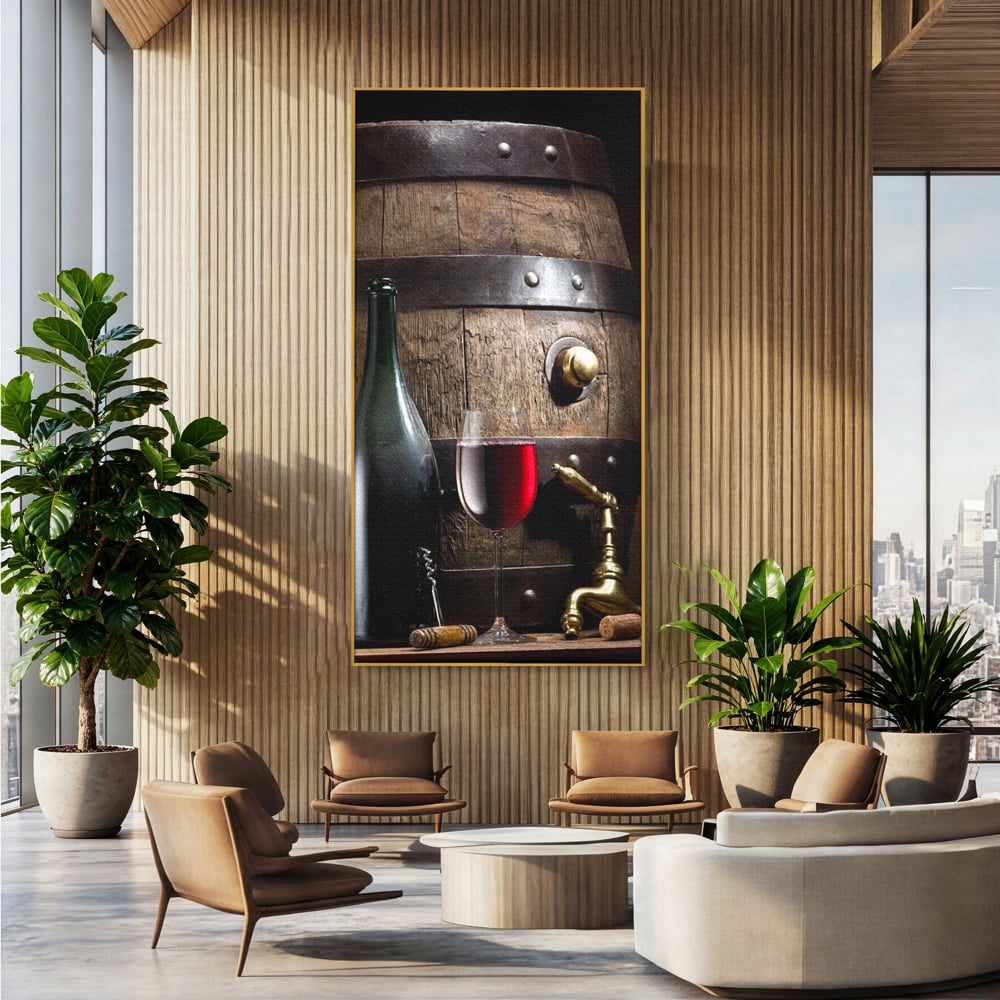 Tablou canvas cu tablou canvas cu butoi si vin, in rama de aluminiu auriu, pe perete intr-un birou